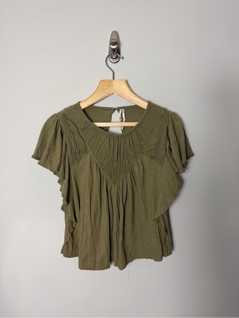 Anthropologie Olive Flutter-Sleeve Gathered Yoke Top